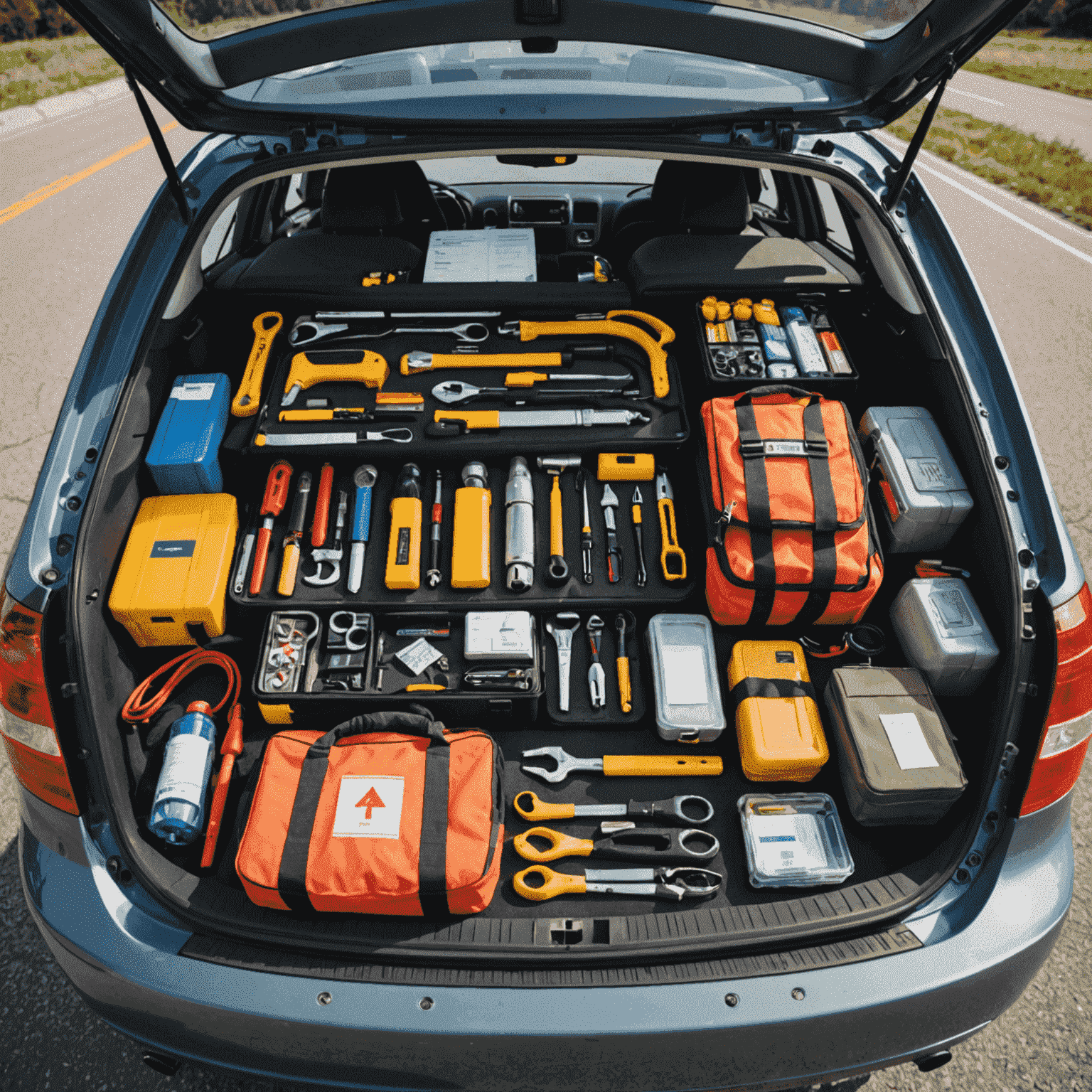 A well-organized emergency road kit displayed on the hood of a car, containing various tools and supplies essential for roadside emergencies