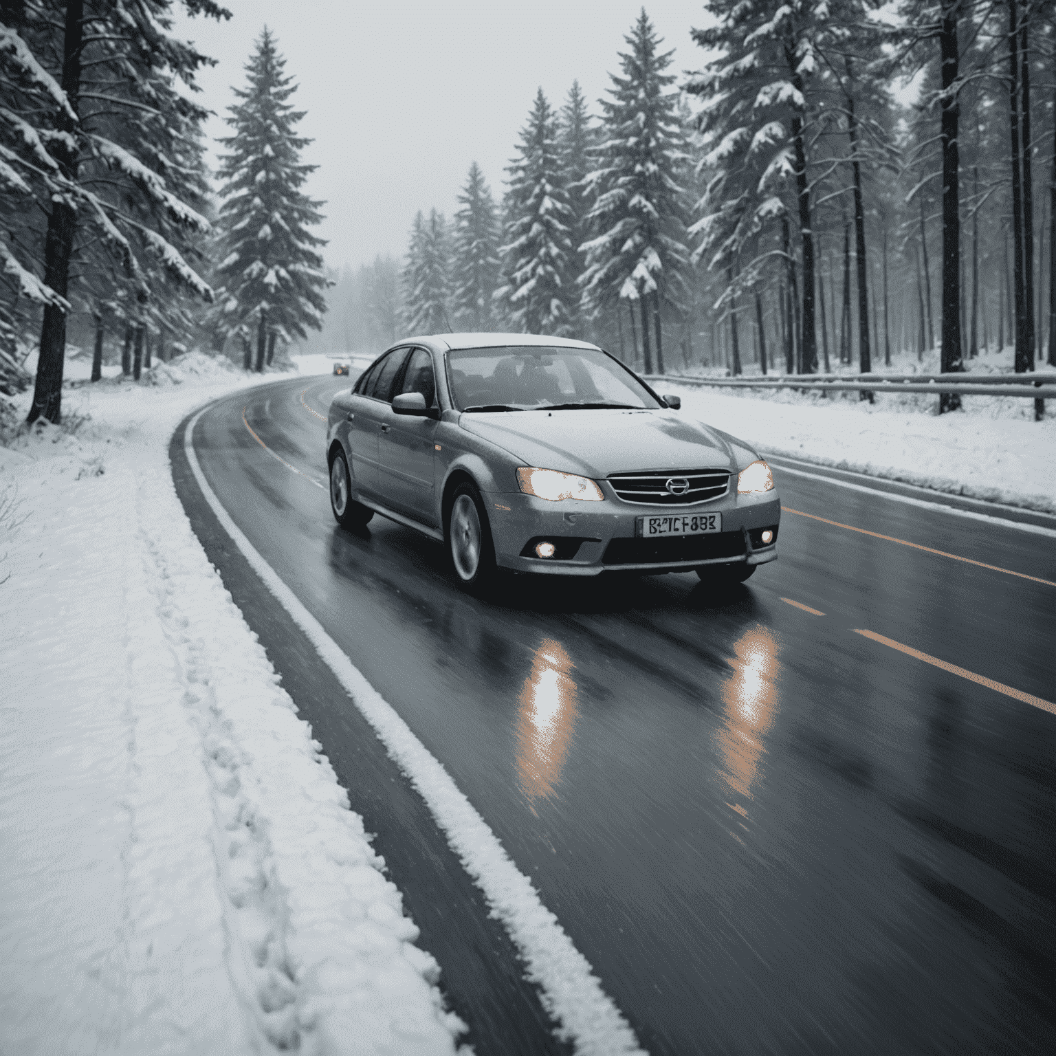 A snow-covered road with a car carefully navigating through icy conditions, demonstrating winter driving techniques