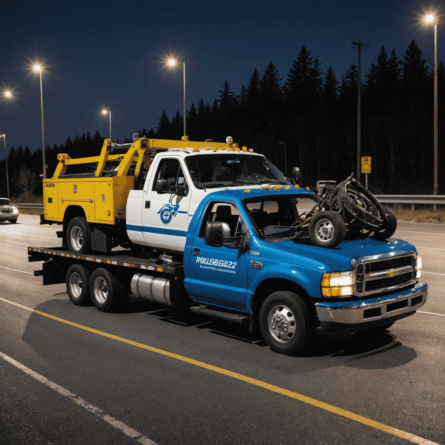 A tow truck assisting a broken-down car on the side of a road at night, symbolizing 24/7 roadside assistance