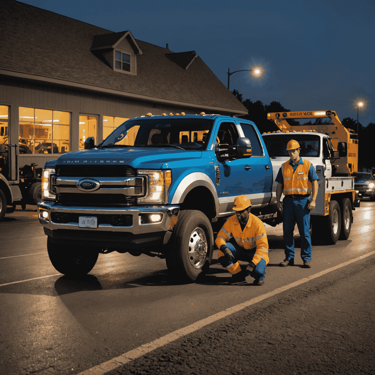 A team of mechanics ready to assist drivers at any time of day or night, with a tow truck and service vehicle visible in the background. The image conveys a sense of reliability and immediate support for drivers in need.