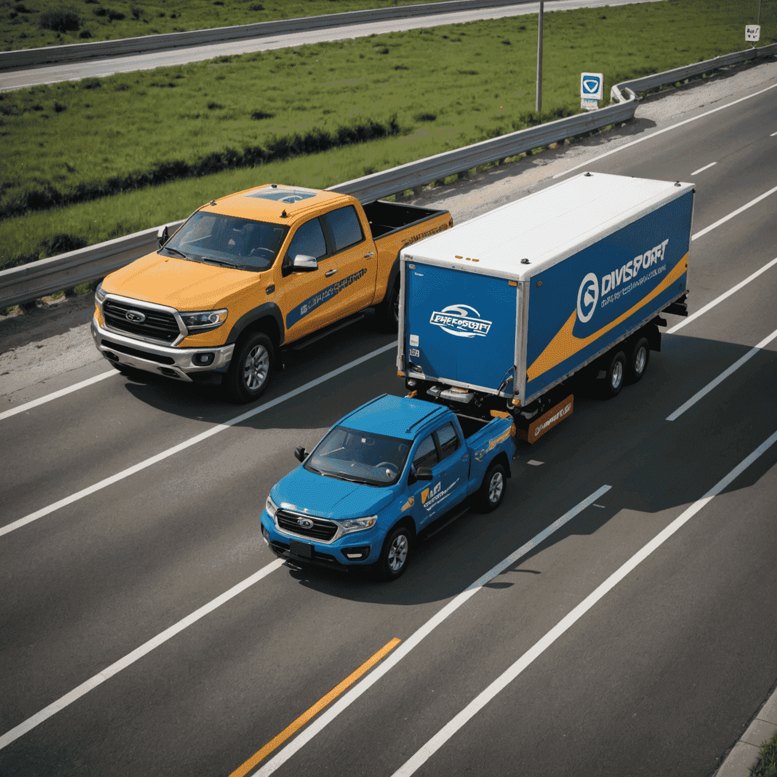 A roadside assistance vehicle delivering fuel to a stranded car on the side of a highway. The vehicle is branded with Drivesportings logo and colors.