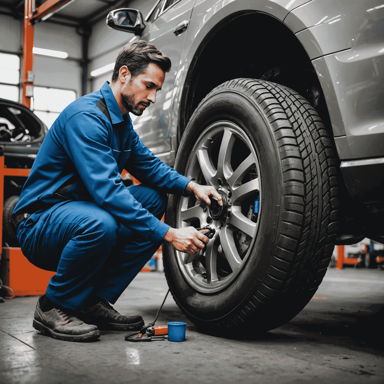 Mechanic changing a car tire with professional equipment