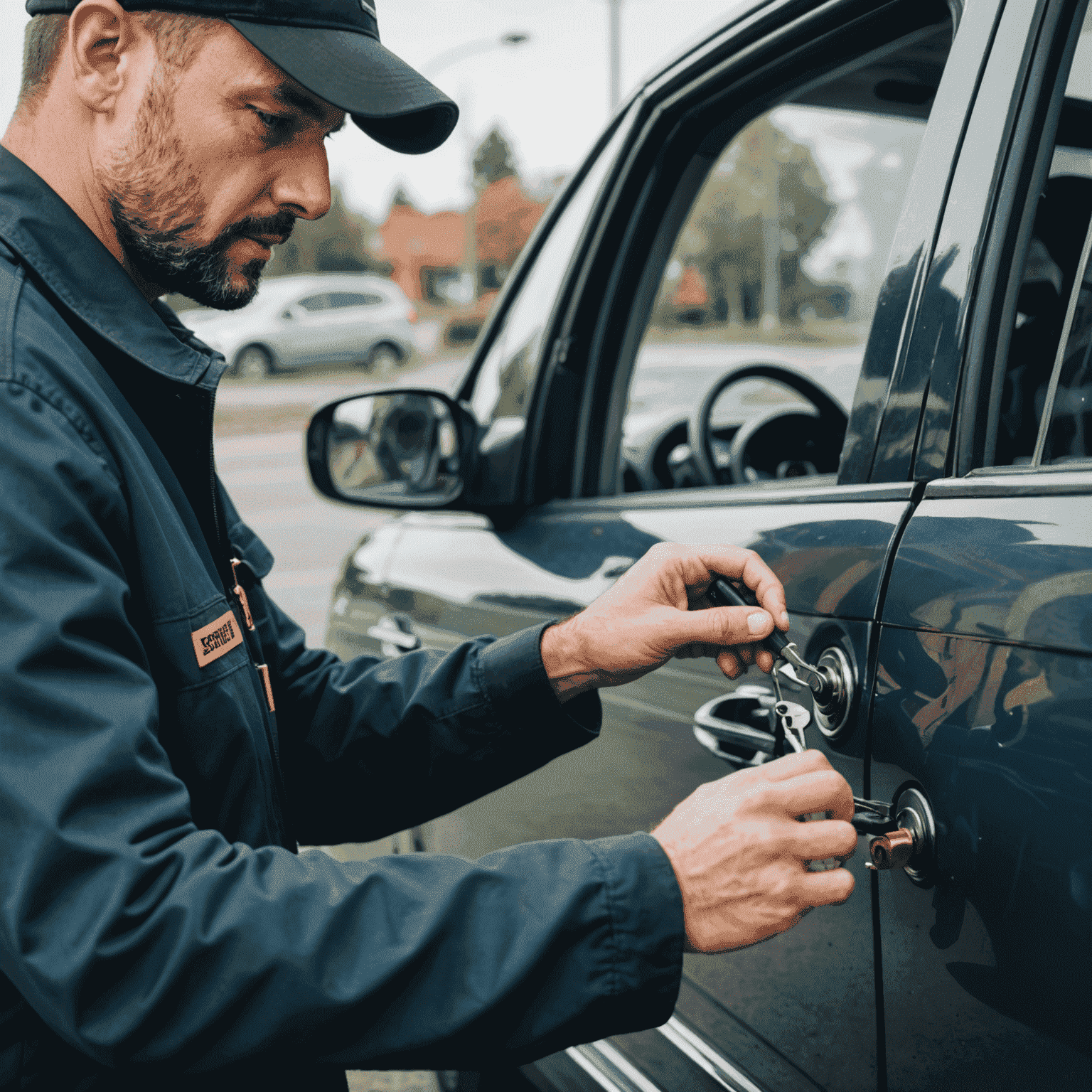 A professional locksmith unlocking a car door with specialized tools, demonstrating our expert lockout services