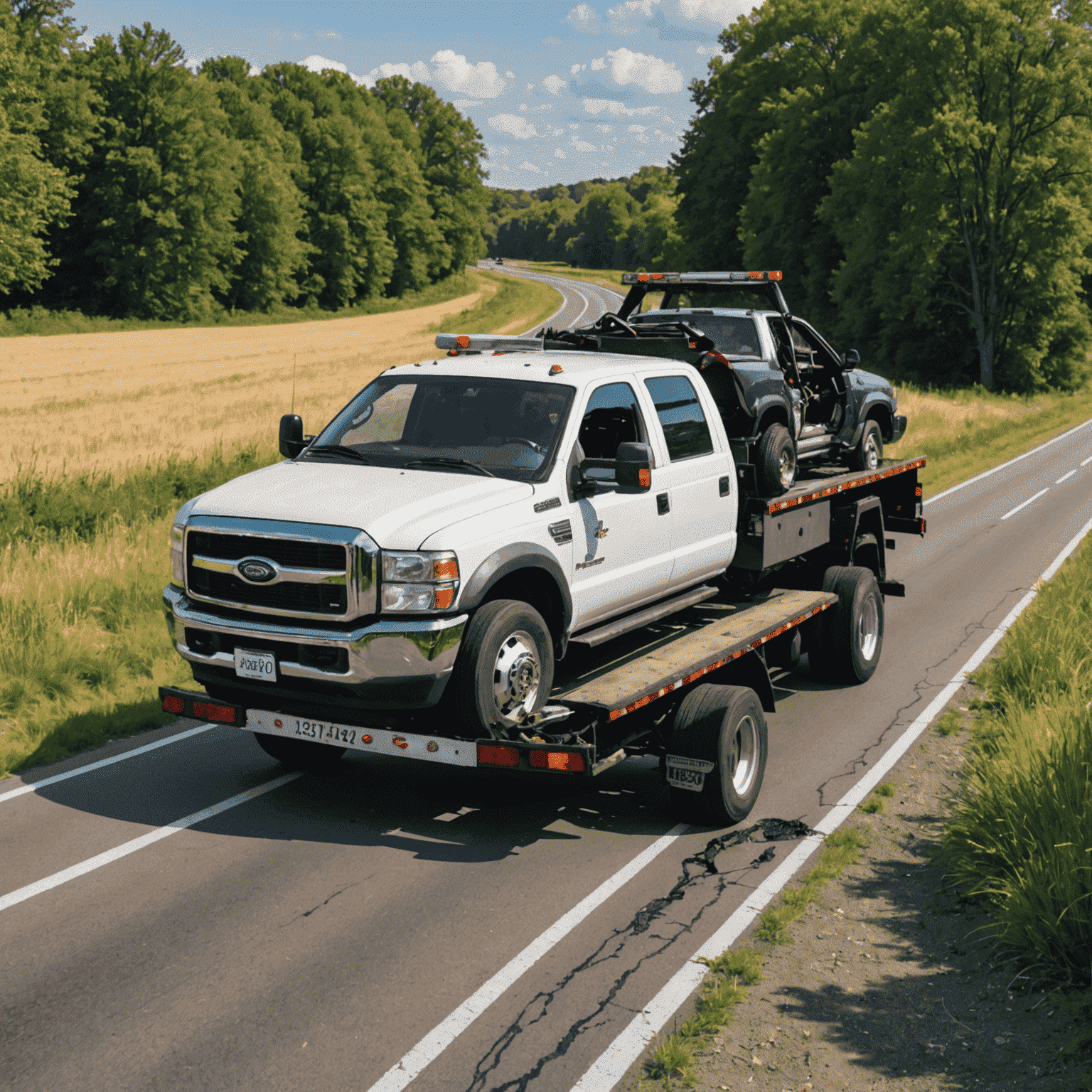 A tow truck recovering a damaged car from a ditch, showcasing our comprehensive vehicle recovery services