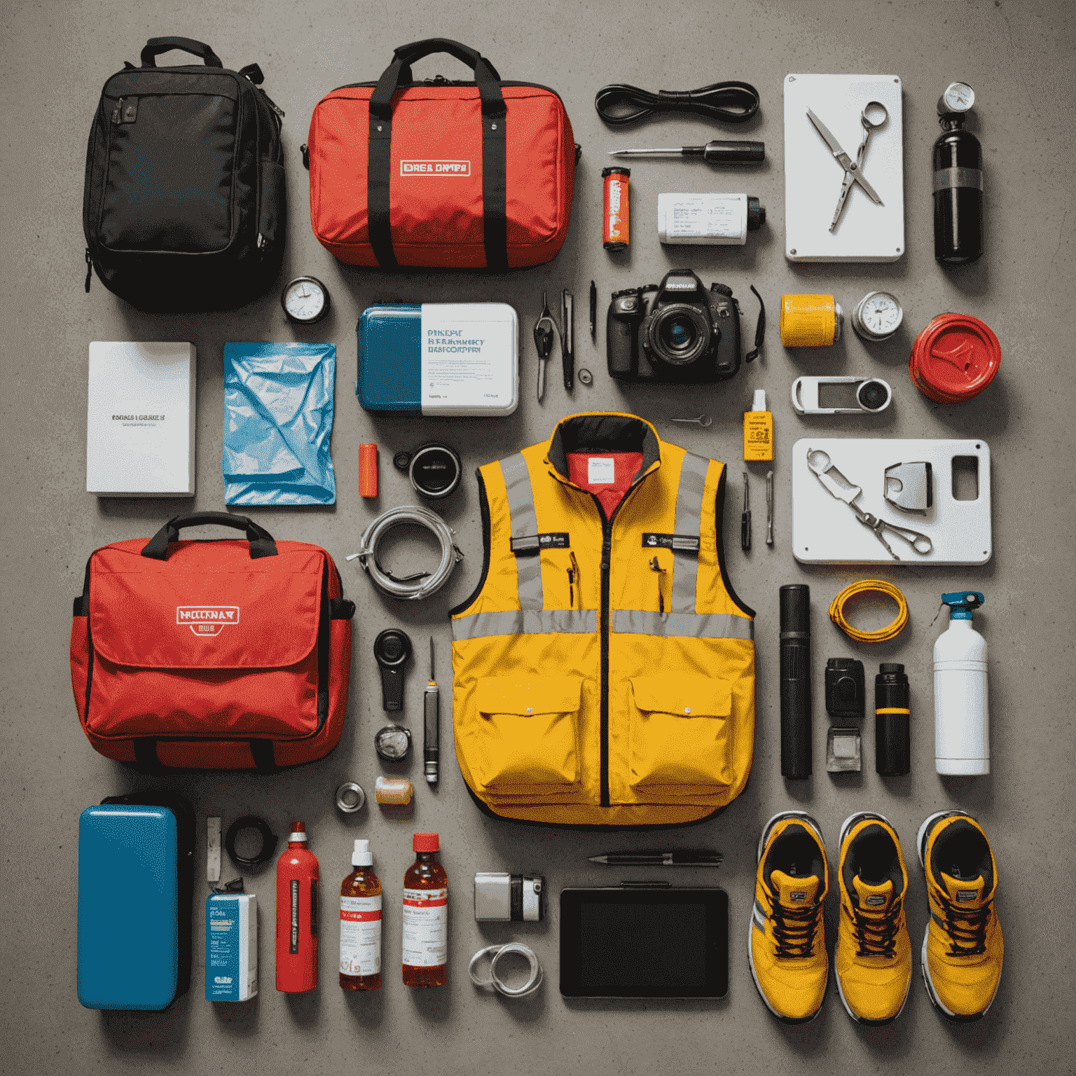 Various essential items for an emergency road kit laid out