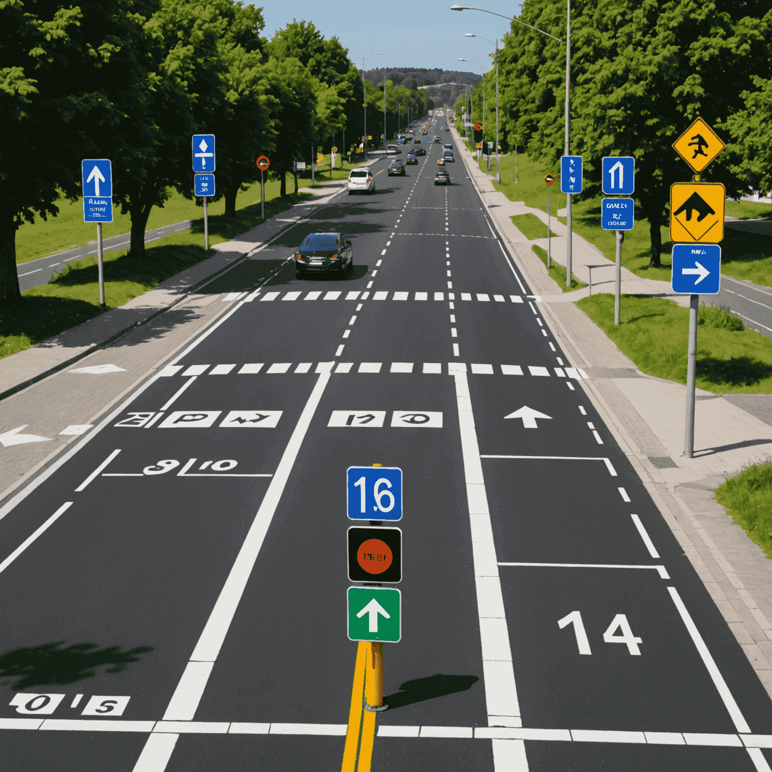 Examples of new road signs including digital variable speed limit signs and enhanced pedestrian crossing indicators