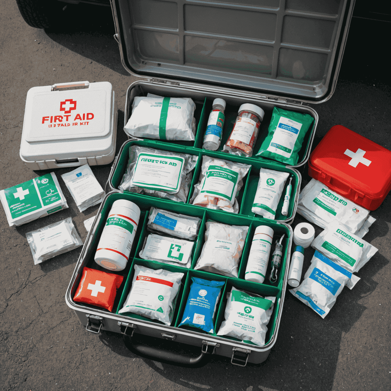 A comprehensive first aid kit opened to display its contents, including bandages, antiseptic wipes, and other medical supplies, placed next to a car's steering wheel