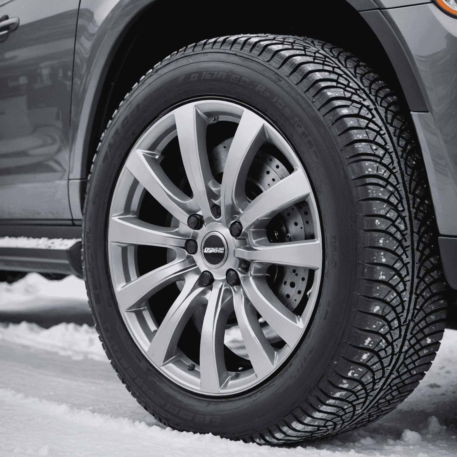 Close-up of winter tires with deep treads, showcasing their ability to grip snowy and icy roads