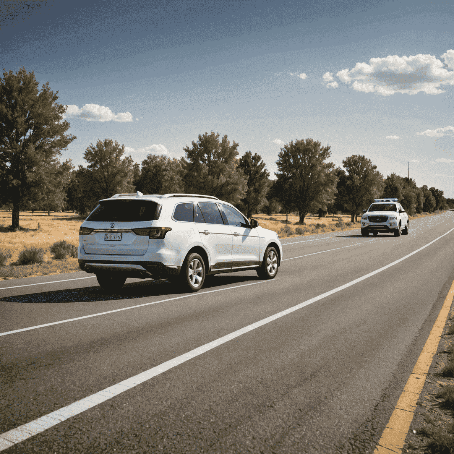 A service vehicle delivering fuel to a stranded car on an empty road, representing emergency fuel delivery