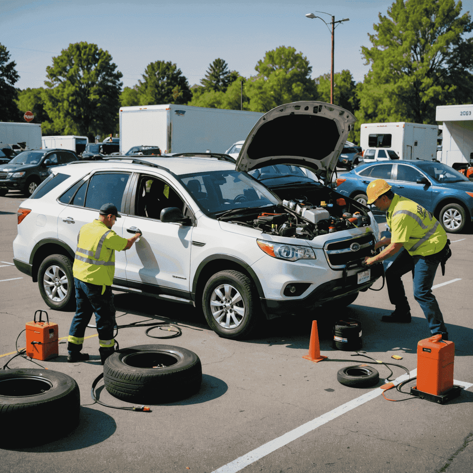 A montage of various roadside assistance scenarios, including tire changes, battery jumps, and towing, emphasizing the 24/7 availability of the service.