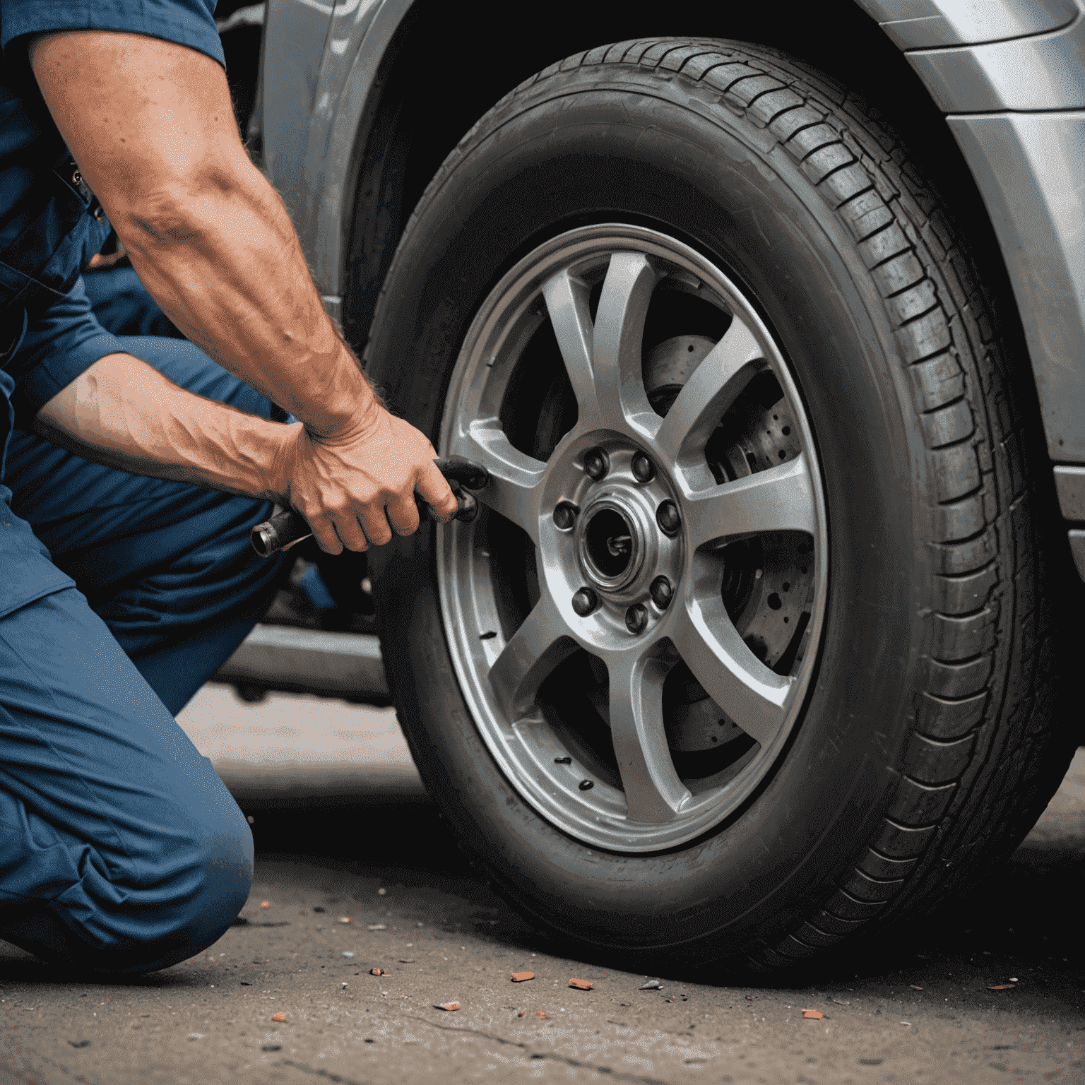 Close-up of a mechanic repairing a punctured tire