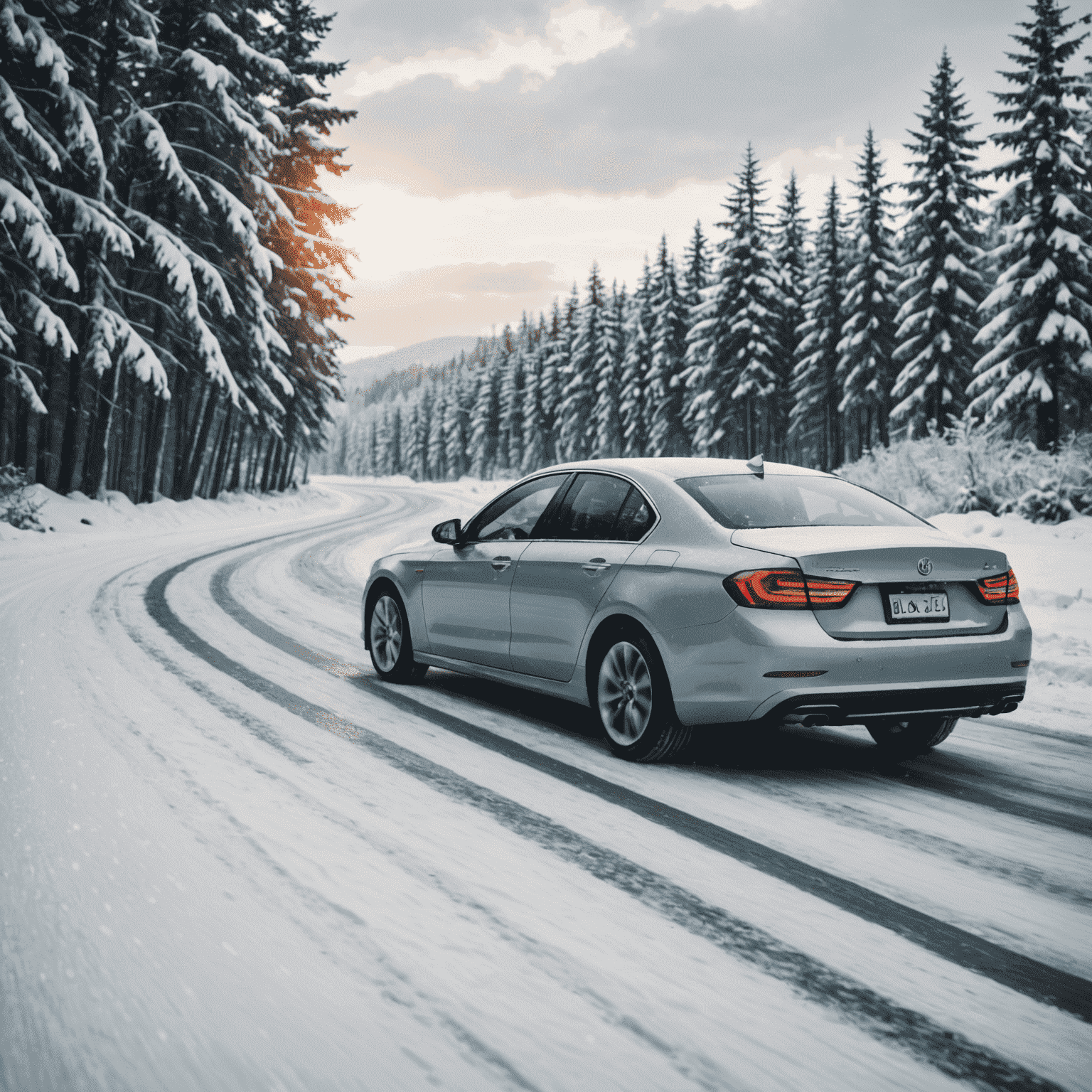 Car driving on a snowy, icy road with winter scenery