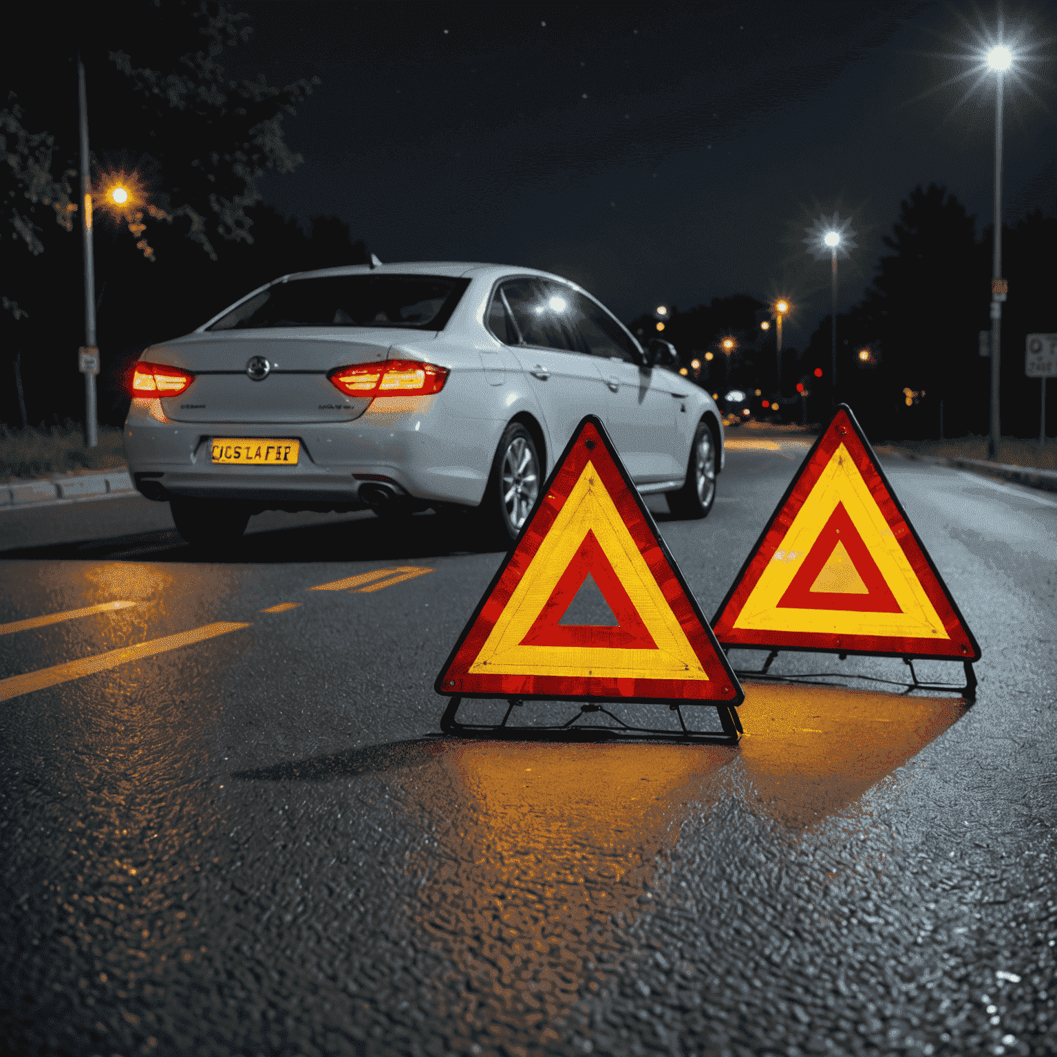 A set of reflective triangles placed on a road at night, with a car parked on the shoulder and its hazard lights on, demonstrating proper use of emergency signaling devices