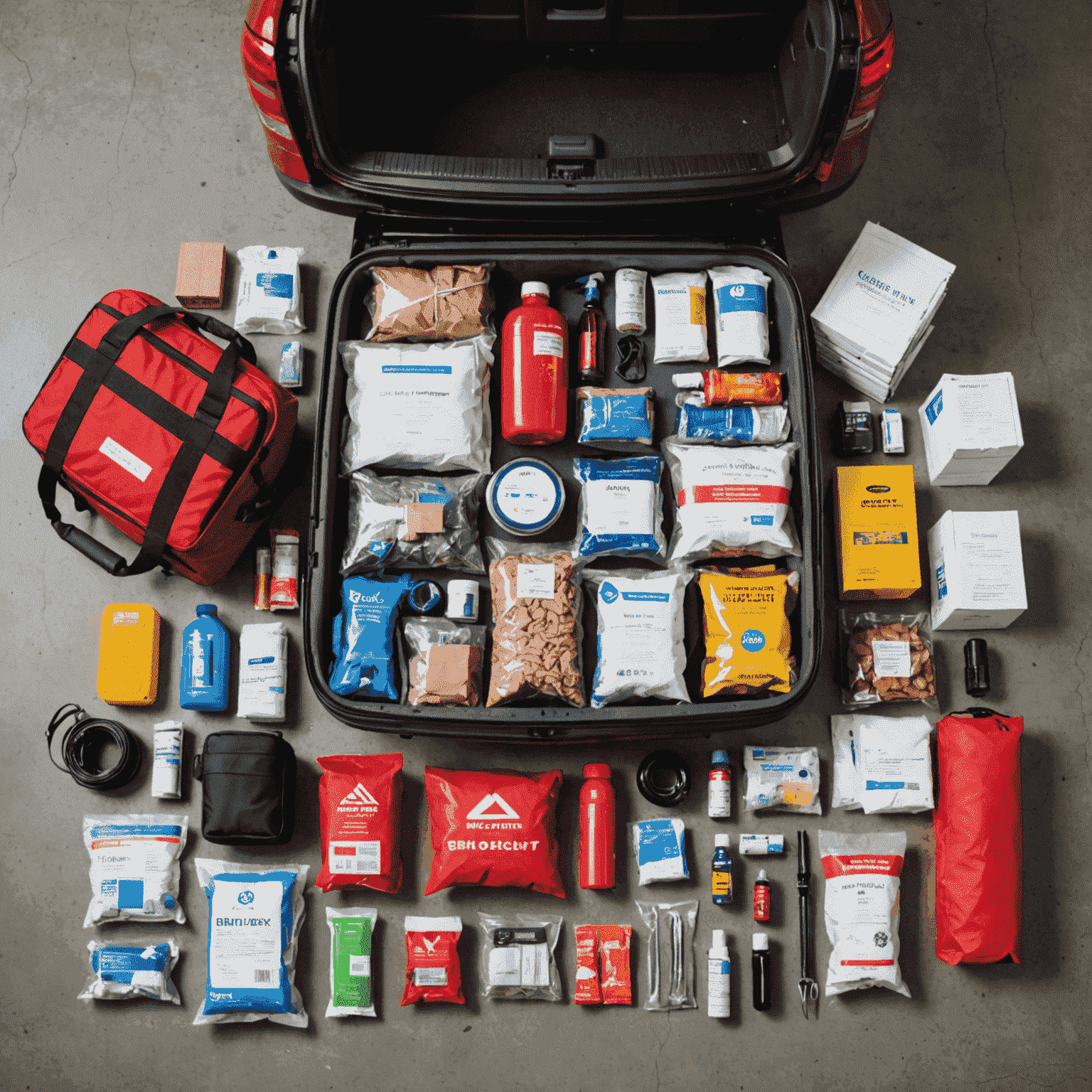 An organized winter emergency kit for vehicles, containing essential items for cold weather situations