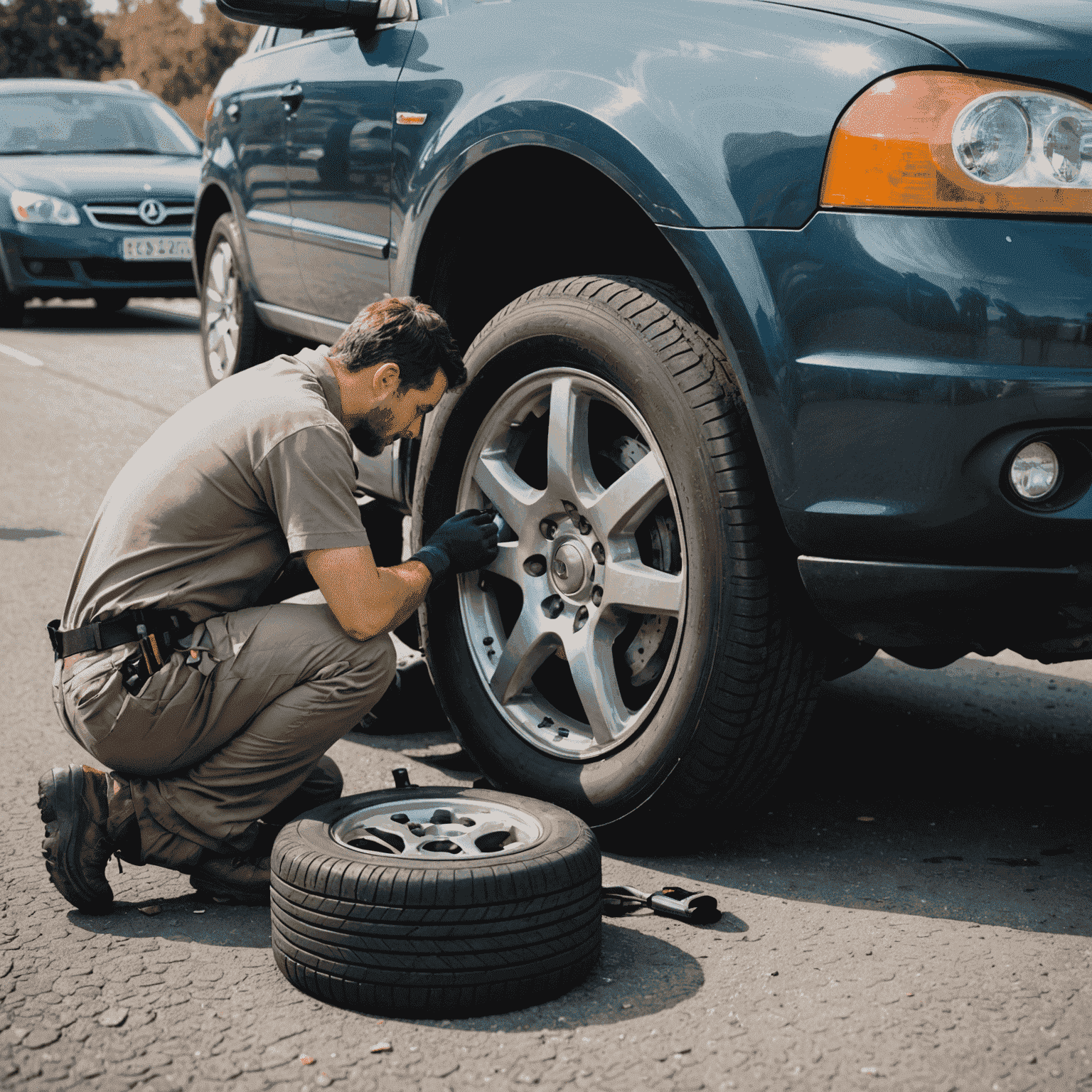 A mechanic changing a flat tire on a car by the roadside, illustrating tire change and repair services