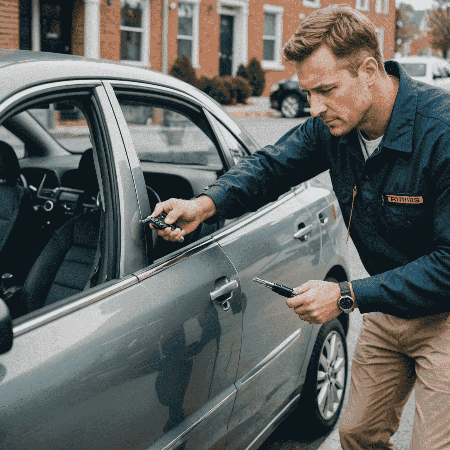 A locksmith unlocking a car door for a stranded driver, depicting lockout services